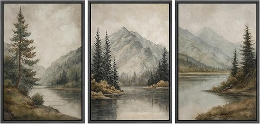MUDECOR Framed Wall Art Print Set Mountain Landscape Nature with Trees, Lake, and Mountains, Rustic Illustrations Modern Art Decorative Colorful for Living Room, Bedroom, Office - 16"x24"x3 Black