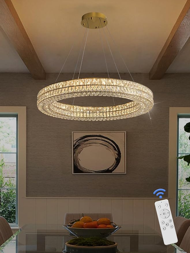 47.5 inch Large Ring Chandelier Gold Ring Pendant Light Round Crystal Chandelier for Dining Room Living Room Led Dimmable 2700k-6000k