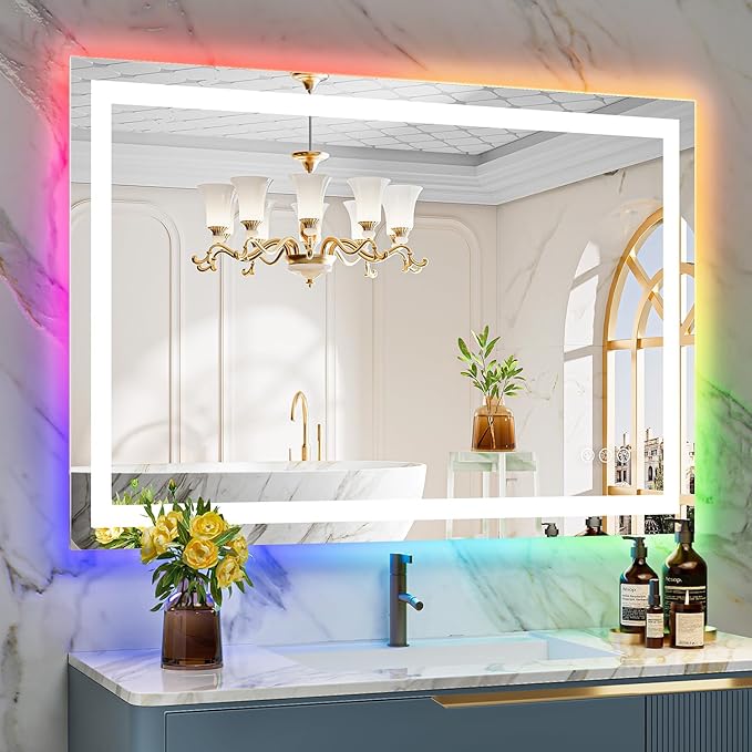 44x30 Inch RGB LED Bathroom Mirror Front Light and RGB Backlit Lighted Vanity Mirror for Bathroom Wall Mounted Dimmable Anti Fog Memory Shatter-Proof IP54 Waterproof Horizontal/Vertical