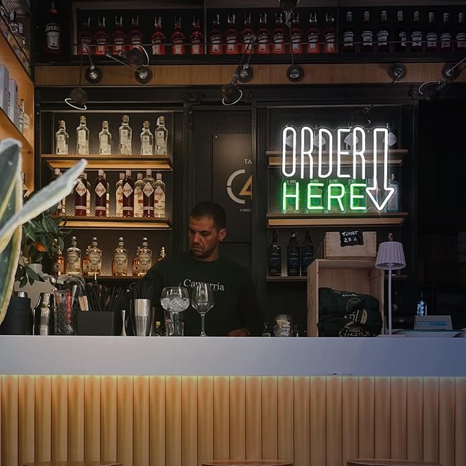 Order Here Neon Sign Cool White Green Letter Neon Light for Wall Decor Dimmable USB LED Light UP Words Sign for Restaurant Shop Bar Business Neon Wall Decor Sign (16.5‘’*11.2‘’）