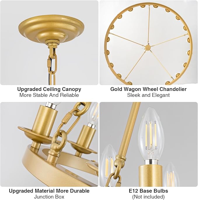 48" Gold Wagon Wheel Chandelier, 20 Light Farmhouse Large Brass Chandelier Round Modern Rustic Industrial Adjustable Height for High Ceiling Living Room, Entryways, Foyer, Dining Room