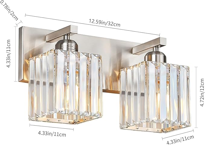 Modern Vanity Light 2-Lights Brushed Nickel Vanity Light Crystal Bathroom Wall Light Bathroom Light Fixtures