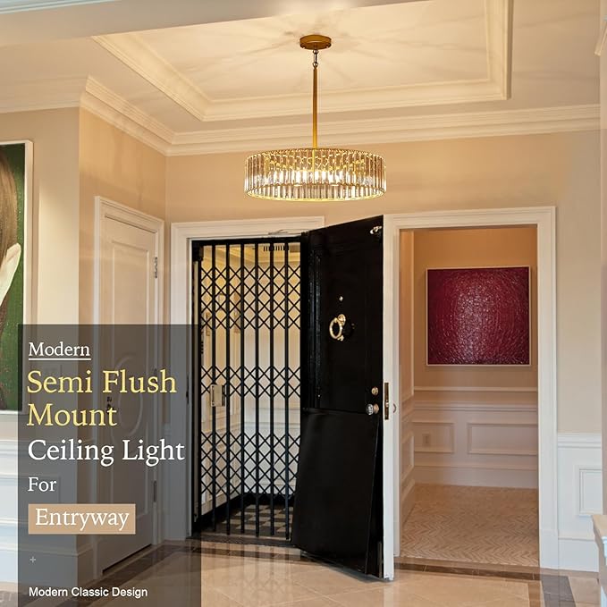 Modern Crystal Gold Chandelier for Dining Room,19.7 inch Semi Flush Mount Ceiling Dining Room Light Fixture with E12 Base*6,Round Pendant Lighting for Bedroom Hallway Bathroom Foyer Kitchen