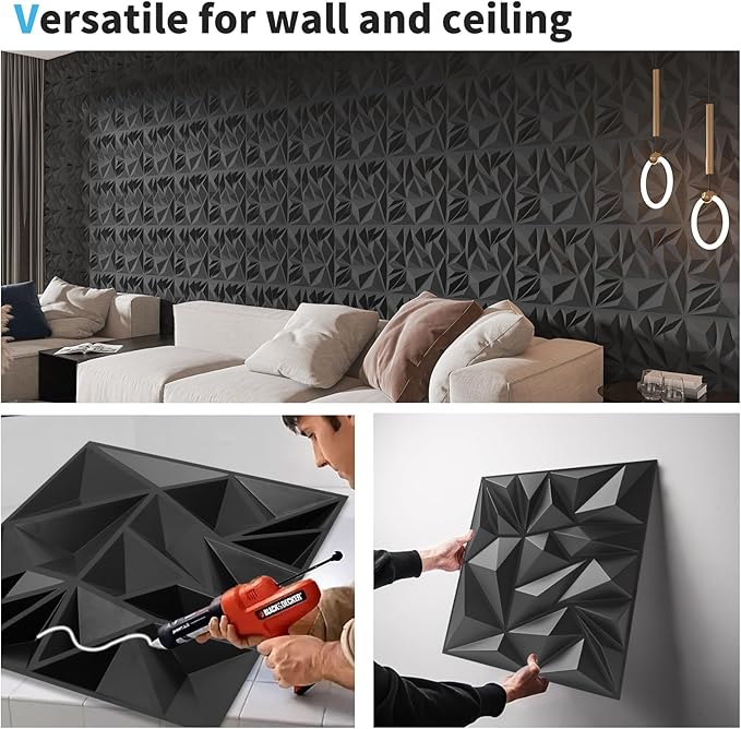 Art3d 33-Pack 3D Wall Panels for Interior Wall Decor, Modern Diamond Textured Accent Wall Paneling for Gaming Living Room TV Wall Background, 12 x 12 inch Black