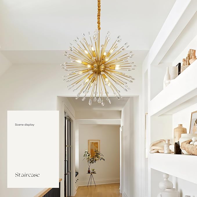 16-Light Gold Sputnik Chandeliers, 31" Starburst Firework Pendant Light fixtures, Mid-Century Modern Satellite Ceiling Lights for Dining Room, Kitchen, Bedroom, Living Room, E12