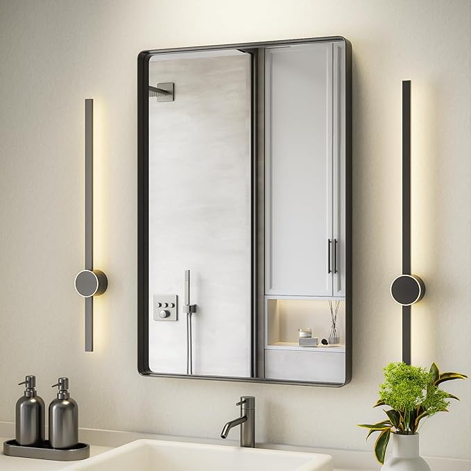 Black Bathroom Mirror for Wall, 24x36 Inch Matte Black Framed Bathroom Vanity Mirror for Farmhouse Living Room Bedroom, Anti-Rust, Tempered Glass, Rounded Corner, Horizontal/Vertical
