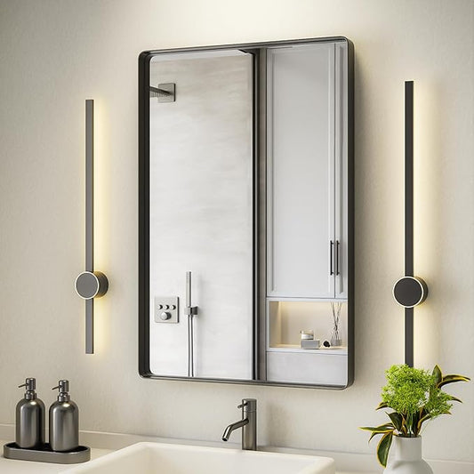 Black Bathroom Mirror for Wall, 24x36 Inch Matte Black Framed Bathroom Vanity Mirror for Farmhouse Living Room Bedroom, Anti-Rust, Tempered Glass, Rounded Corner, Horizontal/Vertical