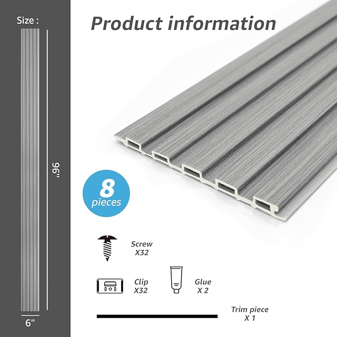 Art3d Slat Wall Panels, WPC Soundproof 3D Wall Paneling for Interior Wall Decor, TV Background, 8-Pack 96 x 6 in. Gray Oak