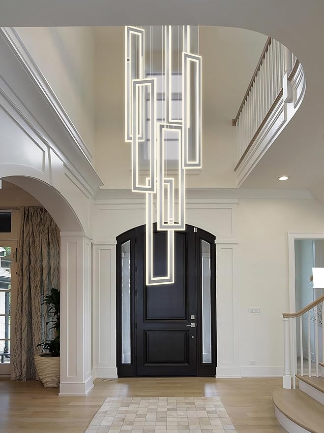 Modern Chandelier, Rectangle Chandeliers with 6 Ring Led Foyer Chandeliers,Larger High Ceiling Chandelier for Living Room,Entryway Staircase LED Dimming 2700k-6000k