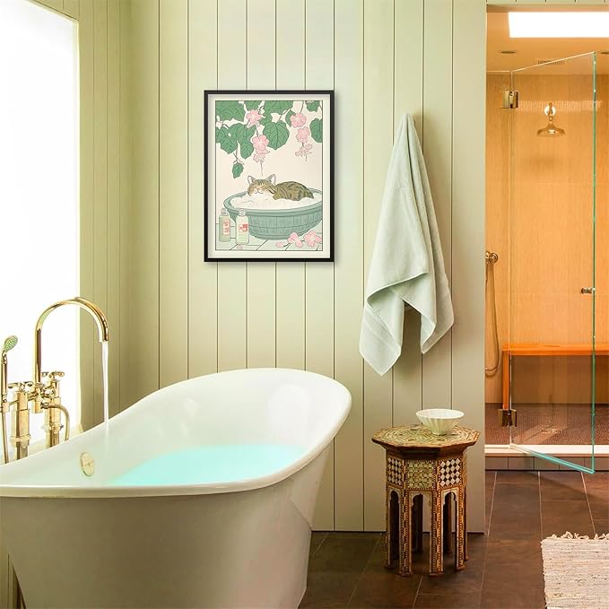 Black Framed Canvas Wall Art Posters Tabby Cat In Bathtub Prints Rustic Neutral Japanese Cute Restroom Animal Painting Funny Japan Cat for Bedroom Living Room Bathroom 20x28in