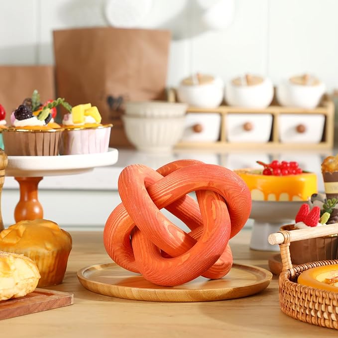 3 Link Wood Knot Decor - Hand Carved Coffee Table Decoration, Boho Chain Link Decor, Modern Shelf, Rustic Objects for Home Living Room Bedroom (Orange)