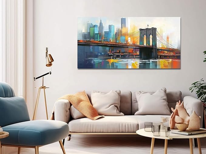 Arjun Cityscape Wall Art New York City Canvas for Living Room Painting Brooklyn Bridge Manhattan Bedroom Wall Art for Men Modern Blue Picture Grey Artwork Large Framed Home Office Wall Decor 40"x20"