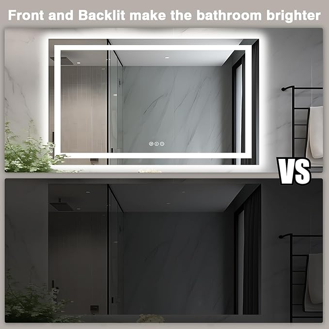 50"x32" LED Lit Bathroom Mirror, Front and Backlit LED Mirror, Anti-Fog Bathroom Mirror with Lights, 3 Colors Stepless Dimmable Mirror, Touch Sense (Horizontal/Vertical)