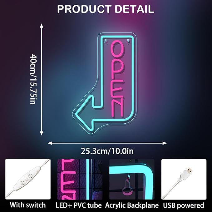 Looklight Open Signs for Business Open Neon Sign Blue Neon Lights for Wall Decor Led Lights Coffee Bar Stores Cafe Shop Hotel Restaurant Window Outdoor Food Truck Decorations