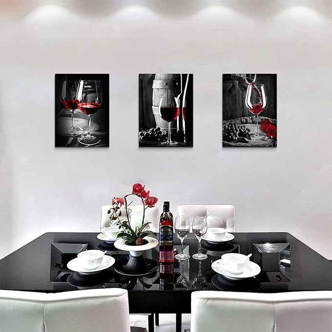 Kitchen Wall Art for Dining Room Red Wine Decor Glass Cup Barrel Bar Canvas Picture Painting Black and White Vintage Artwork Fruit Goblet Poster Decorations Family Restaurant Bedroom 16x24 Inch 3pcs