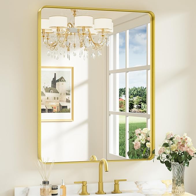 Keonjinn Gold Bathroom Mirrors for Over Sink, 28” x 36” Rounded Rectangle Brushed Gold Vanity Mirror, Anti-Rust Brass Mirror with HD Tempered Glass, Decorative Farmhouse Mirrors, Horizontal/Vertical