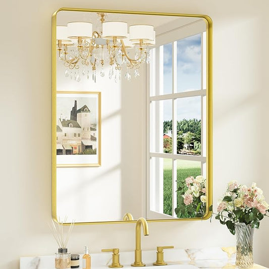 Keonjinn Gold Bathroom Mirrors for Over Sink, 28” x 36” Rounded Rectangle Brushed Gold Vanity Mirror, Anti-Rust Brass Mirror with HD Tempered Glass, Decorative Farmhouse Mirrors, Horizontal/Vertical