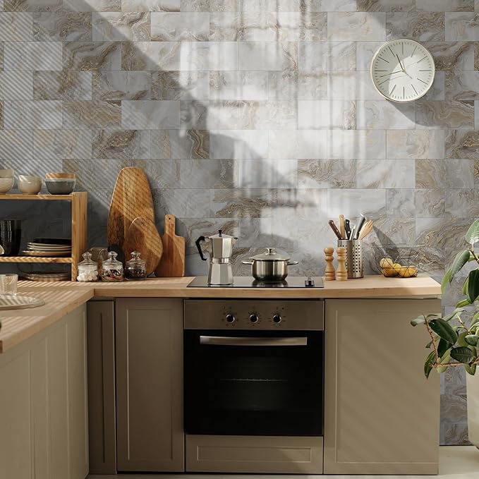 16-Pack Peel and Stick Marble Wall Tiles, Waterproof 4" x 8" Glossy Imitation Amber Glow Marble, PVC Shower Wall Panels for Kitchen, Bathroom, and Fireplace