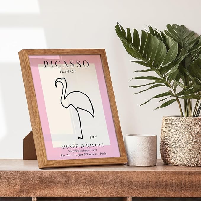 Pablo Picasso Poster 8x10 FRAMED - Mid-Century Modern Decor - Minimalist Room Decor - Abstract Wall Art - Gallery Picture - Pink Flamingo Print - Line Art Wall Museum Poster - Tropical Beach House