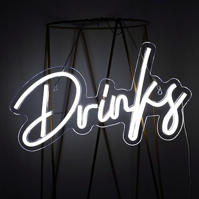 Looklight Drinks Neon Sign,Bar Neon Sign,Neon Signs for Wall Decor,Neon Sign For Room,White Neon Light Sign Led Neon Bar Signs USB Connectivity Light Up Wall Decor for Teen Room Bedroom Bar Store