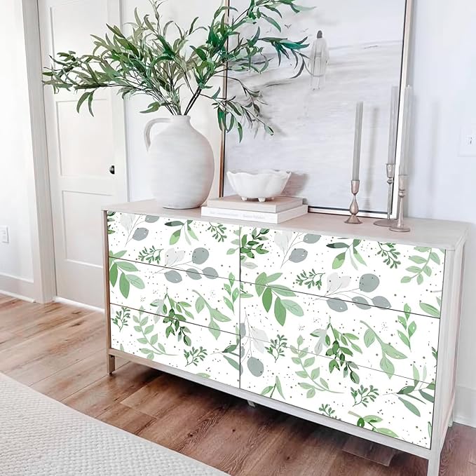 Modern Sage Green Leaf Peel and Stick Wallpaper Boho Botanical Eucalyptus Removable Leaf Floral Contact Paper Self Adhesive Vinyl Wallpaper for Cabinets Farmhouse Bedroom and Bathroom 17.5" x 118"