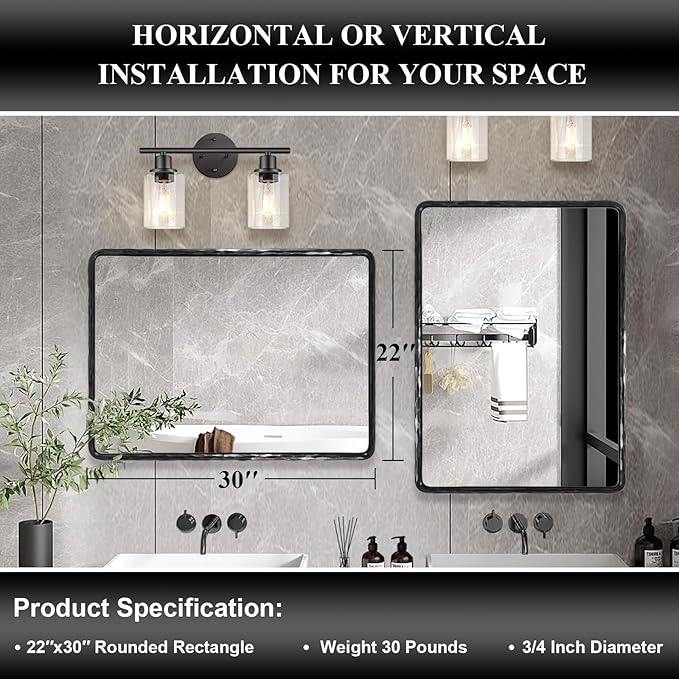 ANDY STAR Hand-Forged Black Bathroom Mirrors for Wall, 22x30 Inch Vintage Solid Steel Metal Frame Bathroom Vanity Mirror, Antique Rounded Rectangle Wall Mirror, Hangs Horizontally or Vertically