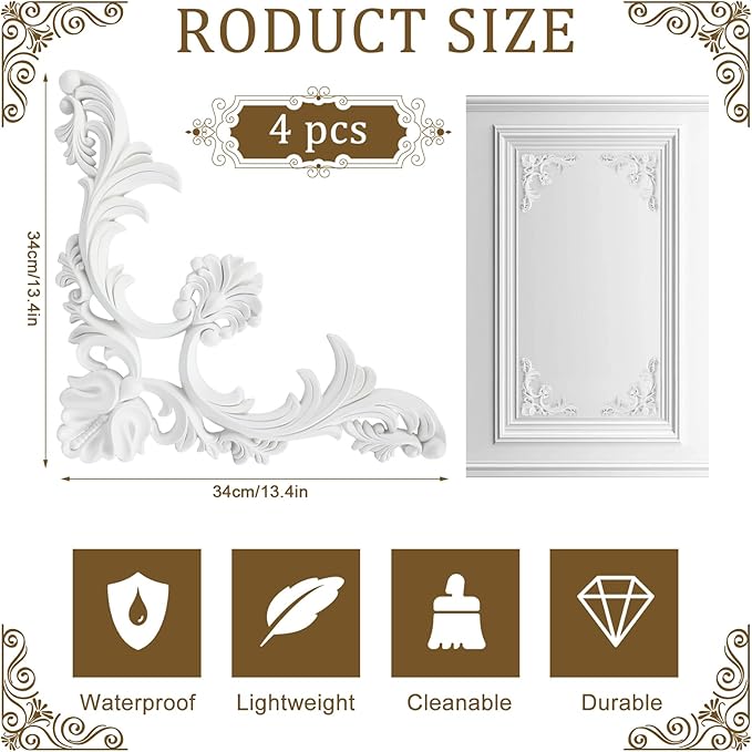 4 Pcs PU Ceiling Molding Kit 13.4 x 13.4 in Luxe Architectural Corners Decoration Murals Trim Premade Flowers Pattern French Style Wall Decor for Ceiling Decorative Panels for Wall
