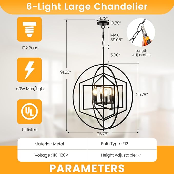 26 Inch Black Chandelier, 6-Light Farmhouse Chandelier for Entryway, Industrial Foyer Lighting Fixtures, Large Chandeliers for High Ceilings, Modern Hanging Pendant Lights for Living Room, Staircase