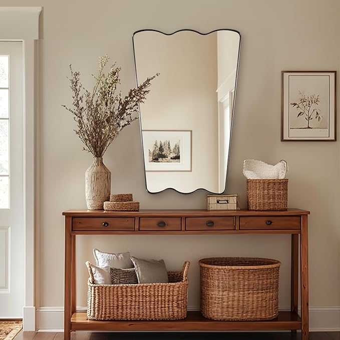 ANDY STAR 24x36 Brushed Nickel Scalloped Bathroom Mirror, Unique Irregular Wall Mirror, Rustproof Stainless Steel Wavy Metal Frame for Contemporary Bathroom Decor