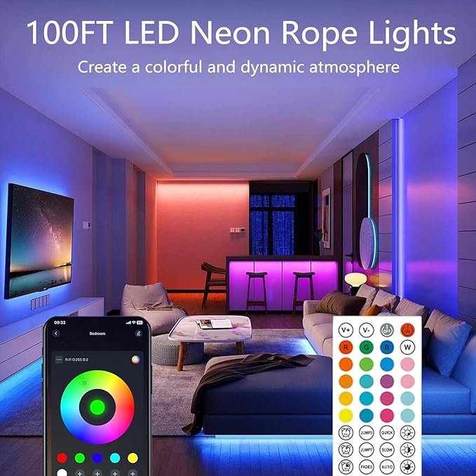 100FT Led Rope Lights,Flexible Neon Light Control with App/Remote,Multiple Modes,IP67 Outdoor Waterproof,Music Sync Strip for Bedroom
