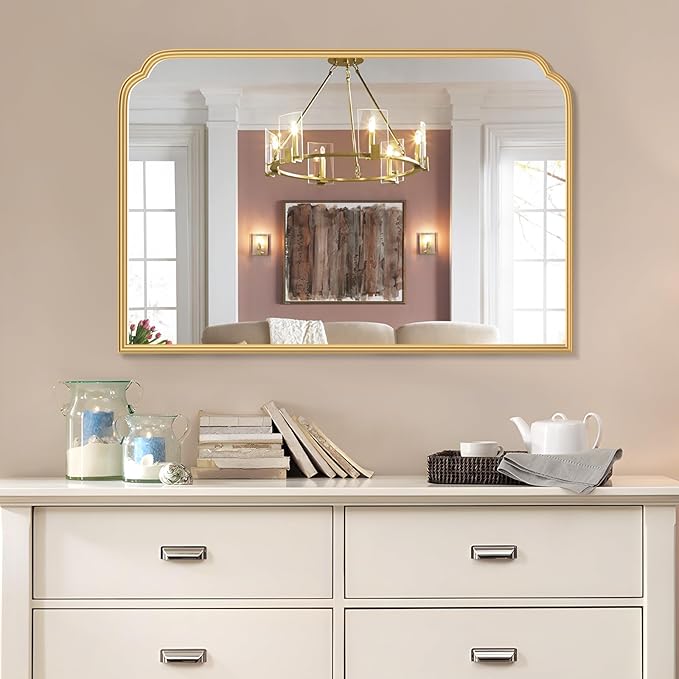 36X24 Inch Gold Bathroom Vanity Mirror for Over Sink, Modern Rounded Corner Fireplace Decor Mirror with Non-Rusting Iron Metal Framed