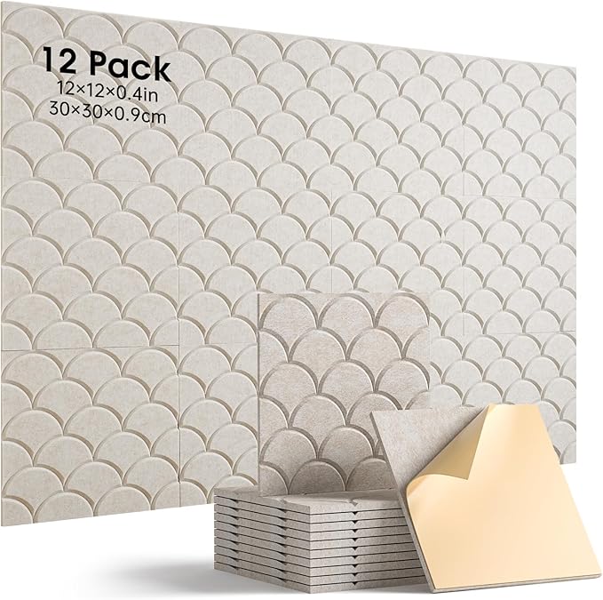 Acoustic Panels Self-Adhesive, 12 Pack Sound Proof Foam Panels for Walls, 12" X 12" X 0.4" High Density Soundproof Wall Panels for Door, Ceiling, Home Office Beige