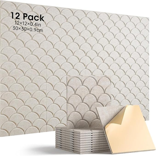 Acoustic Panels Self-Adhesive, 12 Pack Sound Proof Foam Panels for Walls, 12" X 12" X 0.4" High Density Soundproof Wall Panels for Door, Ceiling, Home Office Beige