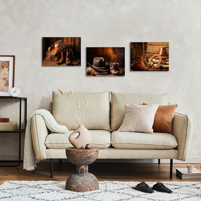 LyerArtork 3 Pieces Western Cowboy Decor Canvas Wall Art Straw Hat Boot Roper Vintage Pictures Brown Prints West Farmhouse Artwork Wall Decor for Living Room Bedroom 12"x16"x3pcs