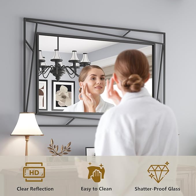 Black Mirror 48'' x 24'' Vanity Mirrors for Wall Decor Matte Black Bathroom Mirrors, Tempered Glass, Modern Farmhouse Wall Mounted Mirror for Decorative(Horizontal/Vertical)