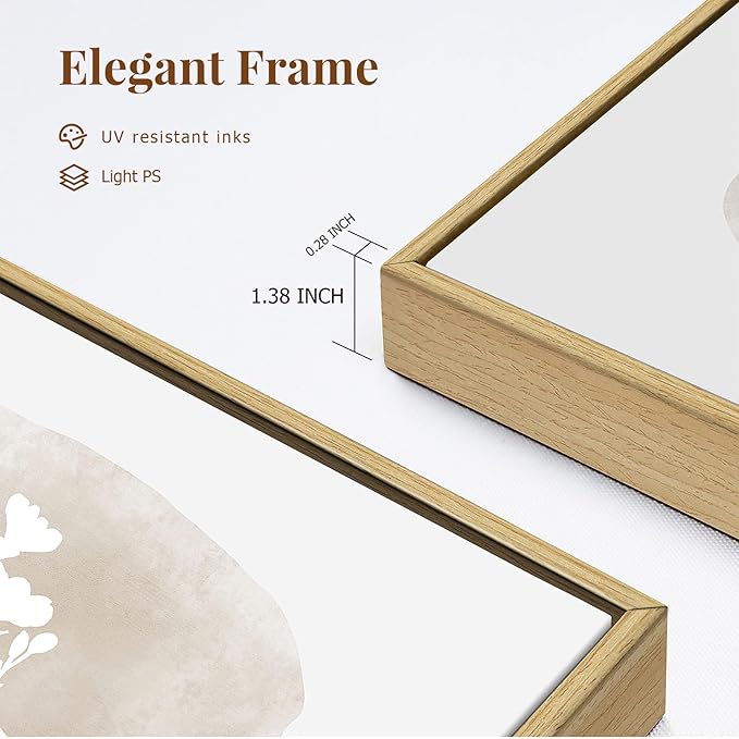 Neutral Wildflower Wall Art Framed Boho Botanical Large Vintage Farmhouse Minimalist Floral Beige Canvas Wall Decor Prints for Living Room Bedroom Office, 3 Panels, 24x36 Inch