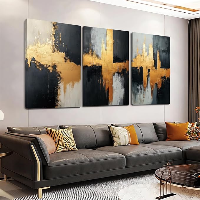Loitspo Abstract Painting Canvas Wall Art, Black Gold Abstract Wall Art, Simple Geometric Picture Painting, Minimalist Art Pictures for Living Room Bedroom (24" x 36" x 3pc)