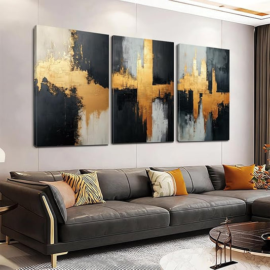 Loitspo Abstract Painting Canvas Wall Art, Black Gold Abstract Wall Art, Simple Geometric Picture Painting, Minimalist Art Pictures for Living Room Bedroom (16" x 24" x 3pc)