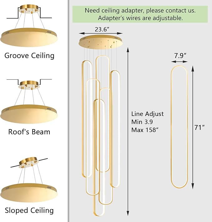 6 Rings Modern Large Chandelier for Staircase High Ceiling Chandelier LED Dimmable Black Chandeliers for Foyer Living Room Villa Gold