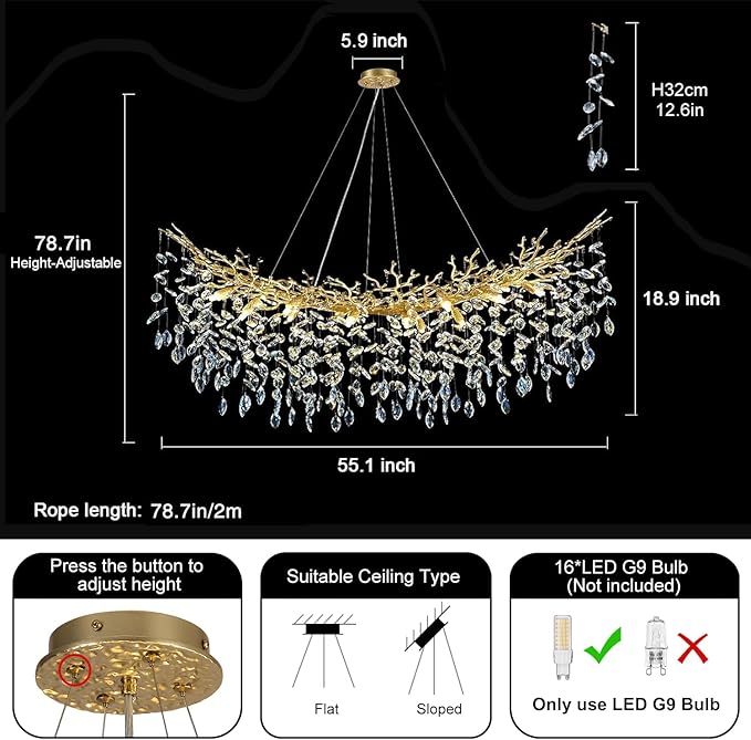 Modern Crystal Gold Chandelier, 55" Large Rectangular Oval Tree Branch Crystal Chandeliers for Dining Room,16-Light Flush Mount K9 Crystal Chandeliers, for Kitchen Island,Dining Room