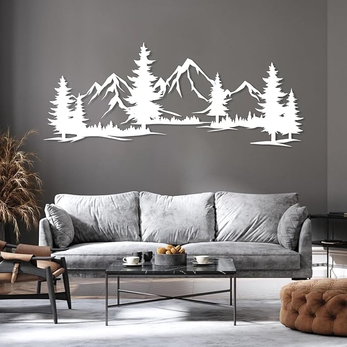 Metal Mountain Wall Art, Mountain Wall Decor, Forest Wall Hanging, Hill and Trees Metal Sign, Nature Range Wall Art, Nature Landscape for Living Room (Silver, 17"x41"|42x105cm)