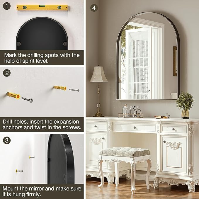 Brightify Arched Mirror, Arched Wall Mirror, 24 x 42 Inch Black Arch Mirror, Metal Frame Black Bathroom Mirror, Arched Top Bathroom Vanity Mirror for Living Room Bedroom Mantel Entryway Hallways