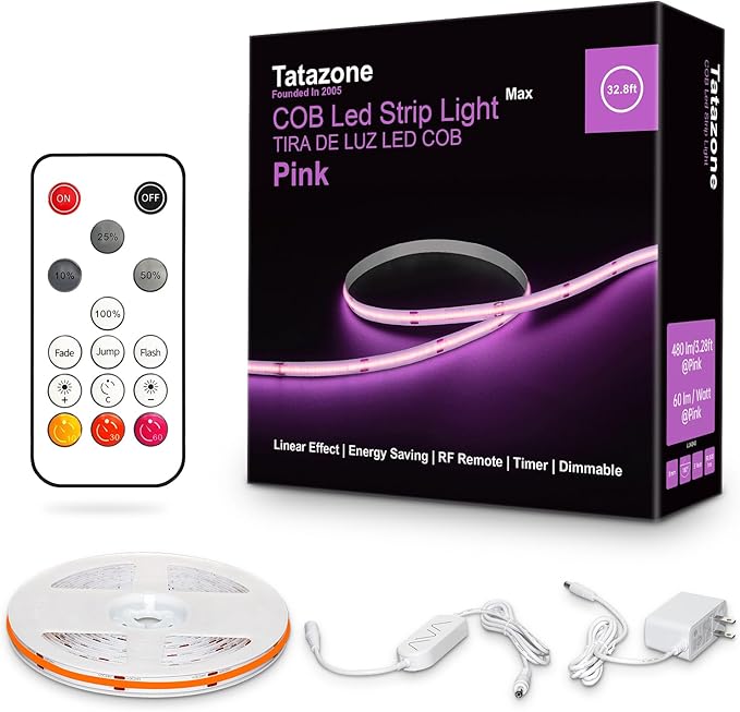 32.8ft Pink COB Led Strip Lights with RF Remote, Dimmable Bright Adhesive Indoor Led COB Light Strip for Cabinet, Painting, Room, Bed