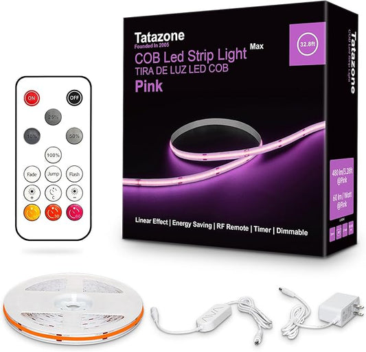 32.8ft Pink COB Led Strip Lights with RF Remote, Dimmable Bright Adhesive Indoor Led COB Light Strip for Cabinet, Painting, Room, Bed