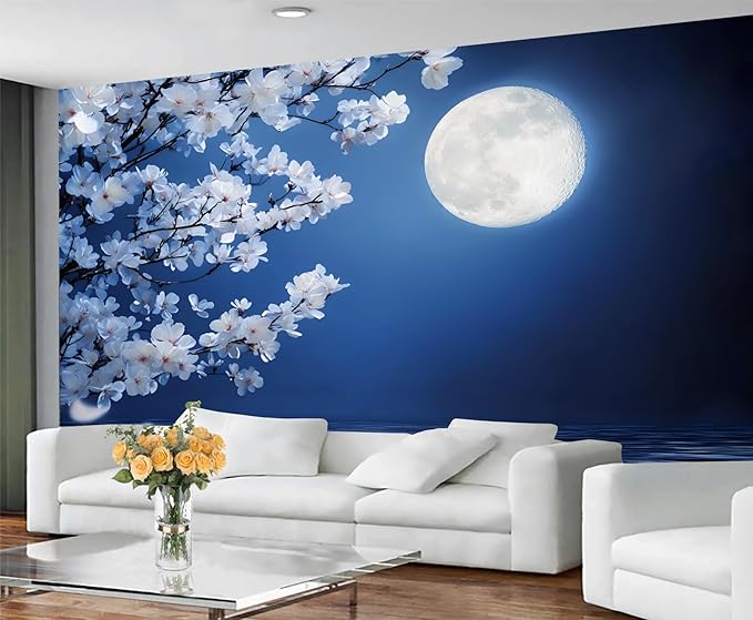 Japanese Mural Wallpaper, Japanese Cherry Blossoms Murals, Moon View Murals Wallpaper for Living Room Bedroom Home Decor Mural - 110" W x 98" H (Not Peel Stick)