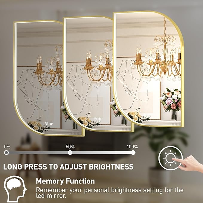 24X36 Inch LED Mirror for Bathroom with Lights,Gold Frame Lighted Irregular Asymmetrical Unique Vanity Wall Mirror,Anti-Fog,Dimmable