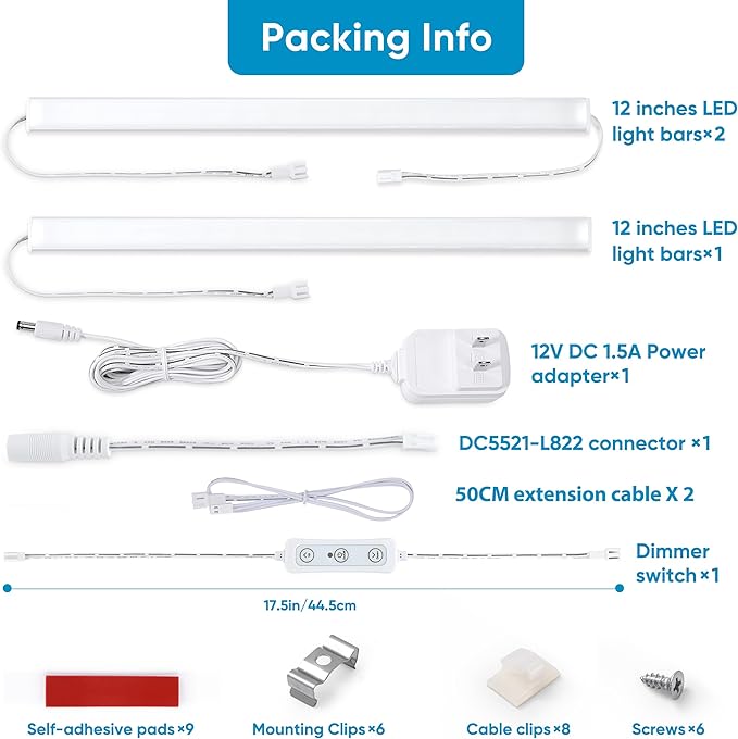 Litever Under Cabinet Lights Plug in, 3 pcs 12 Inches LED Light Strip Bars. Super Bright Dimmable Linkable for Kitchen Under Cabinets Shelf Work Space Desk Closet Lighting. Daylight 5000K