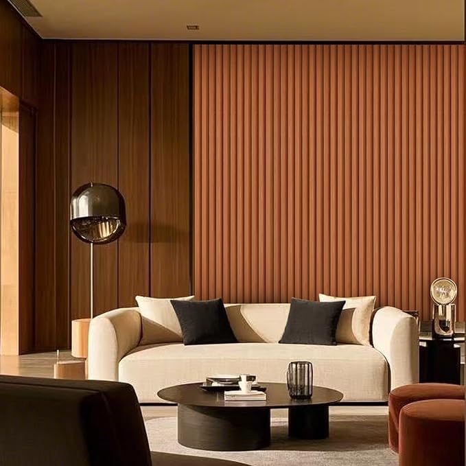 OUZUGIE WPC Acoustic Slat Wall Paneling, 8-Pack 114 x 6 Inches 3D Wall Panels for Interior Wall Decor,Living Room,TV Background,Study Room,Office Spaces,Bedroom,High Grille (Teak)