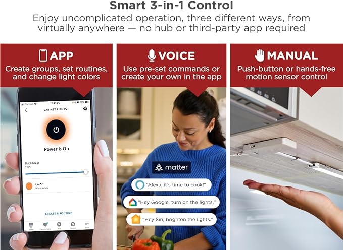 BLACK+DECKER PureOptics Professional PUSH WIRE Matter Certified Smart Under Cabinet Lighting 2-in-1 Power Kit, 48W Plug-in and Direct Wire, Smart Control Box, Works with Alexa, Apple Home, Google Home