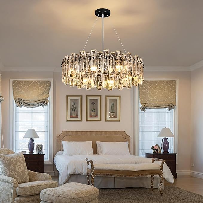 Modern Luxury K9 Crystal Chandelier Round Pendant Light Easy Install Ceiling Hanging Light Fixture for Dining Living Room Kitchen Island Entryway Foyer D23.6 Black 8-Lights